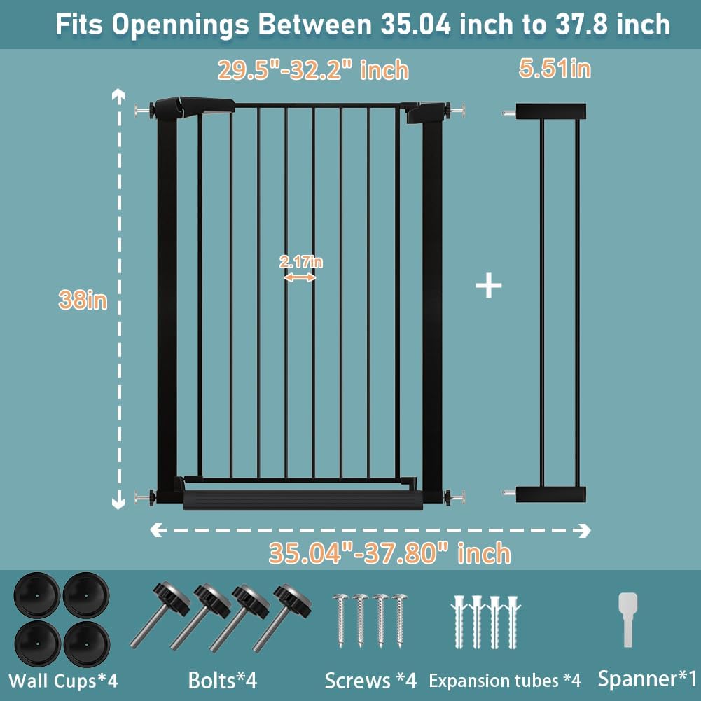 Fairy Baby 38" Extra Tall Pet Gate for Stairs, Fits Openings of 35.04" to 37.80" Wide, Extra Wide Baby Gate Indoor, Pressure Mounted Walk Thru Swing Auto Close Metal Puppy Barrier for Doorway, Black