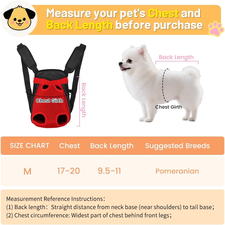Inspack Dog Backpack Carrier/Cat Carrier, Adjustable Pet Front Carriers Travel Bag for Puppy Medium Dogs, Legs Out, Soft Ventilated Doggie Chest Carry Backpacks for Hiking/Camping, 4-7 lbs, Red