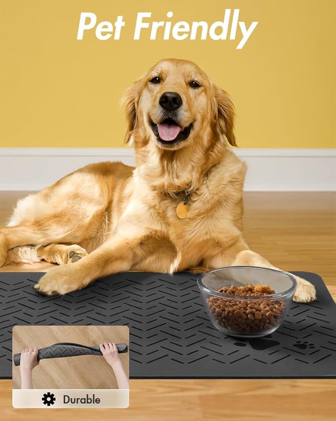 MontVoo-Absorbent Pet Feeding Mat-No Stains Quick Dry Dog Mat for Food and Water Bowl-Rubber Backing Dispenser Mat Accessories Supplies-Dog Bowl Messy Drinkers,Dark Grey