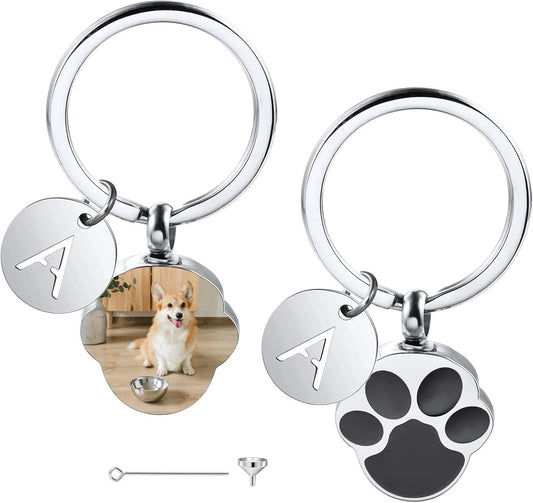 Personalized Cremation Urn Keychain for Pet Human Ashes Custom Photo/Name/Date Dog Cat Paw Print Pendant Stainless Steel Keyring Memorial Keepsake Keychain for Women Men (Style B1)