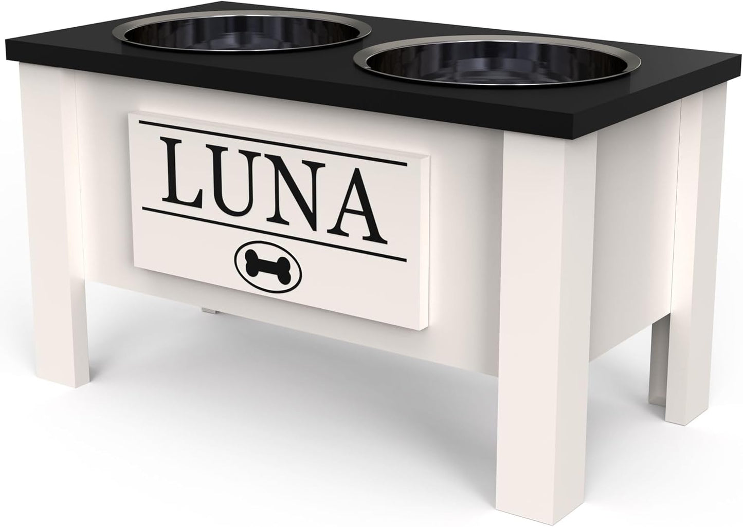 GrooveThis Woodshop - Personalized Elevated Dog Bowl Stand for Large, Medium, Small, X-Small Dogs - Stainless Steel Food and Water Bowls - Raised Dog Dish with Internal Storage (Large, Black)