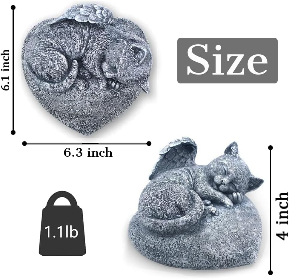 Personalized Cat Memorial Stone Cat Grave Markers Angel Cat Statue Sleeping On Heart Shape Monument Stone, Pet Cat Headstone Garden Tombstone, in Loving Memory of Cat Sympathy Gifts