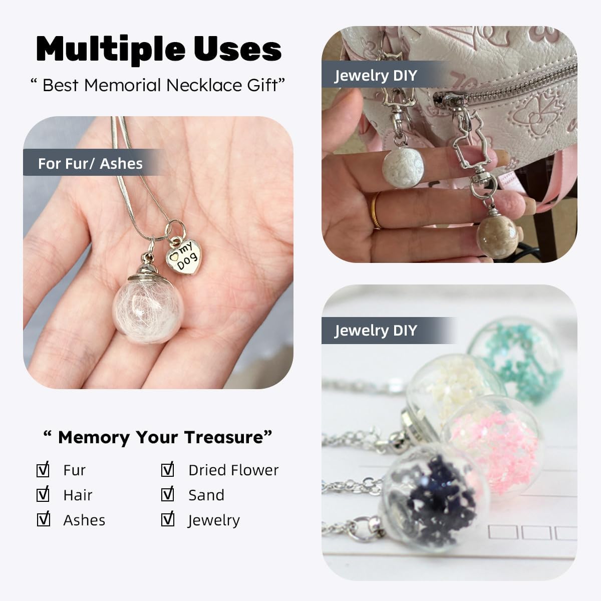 Dog Fur Memorial Necklace, Pet Hair Memorial Glass Ball Necklace with Love Pendant, Dog Ash Small Urn Jewelry (Glass Ball - Dog)