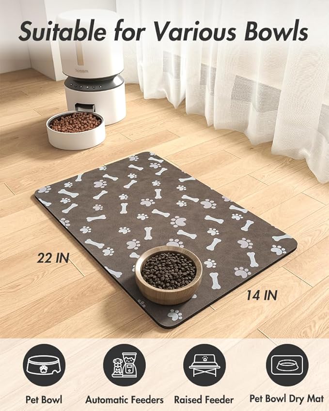 MontVoo Dog Food Mat-Pet Feeding Mat for Food and Water-No Stains Quick Dry Dispenser Cat Bowl Mat for Messy Drinkers(14"x22" Brown)