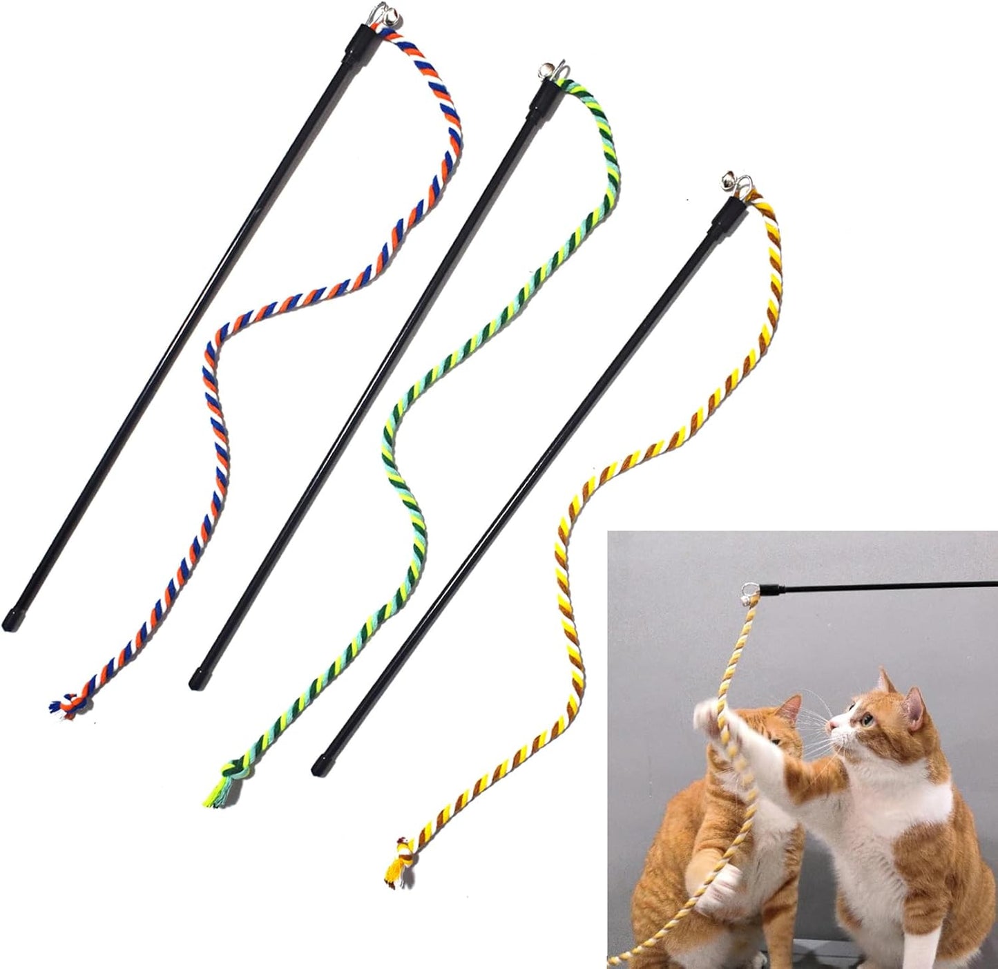 IUHKBH Cat Wands, 3 PCS Colorful Cat String Kitty Teaser Wands with Bell Interactive Kitten Toys for All Breed Sizes