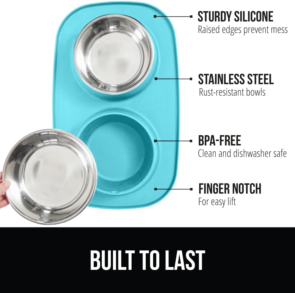 GORILLA GRIP Feeding Mat Set, Patent Pending 100% Waterproof BPA Free Silicone, Stainless Steel Cat and Dog Bowls, Slip Resistant, Edges Catch Water, Food, US Designed Pet Accessories, 2 Cup Turquoise