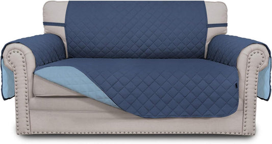 Easy-Going Reversible Loveseat Couch Cover for 2 Cushion Couch Sofa Cover for Dogs Water Resistant Furniture Protector with Foam Sticks Elastic Straps for Pet (Loveseat, Dark Blue/Light Blue)