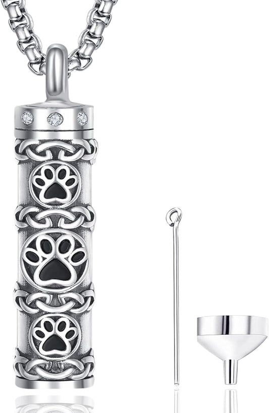 Pet Cremation Urn Necklace for Dog Cat Ashes 925 Sterling Silver Paw Print Keepsake Pendant Celtic Knot Memorial Jewelry for Women Men