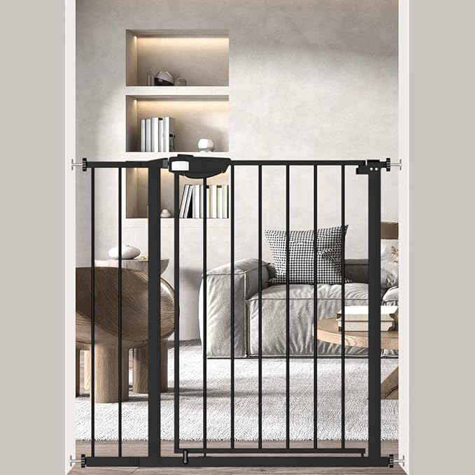 WAOWAO Triple Lock Baby Gate Extra Wide 35.04-38.97" Pressure Mounted Walk Through Swing Auto Close Safety Black Metal Dog Pet Puppy for Stairs