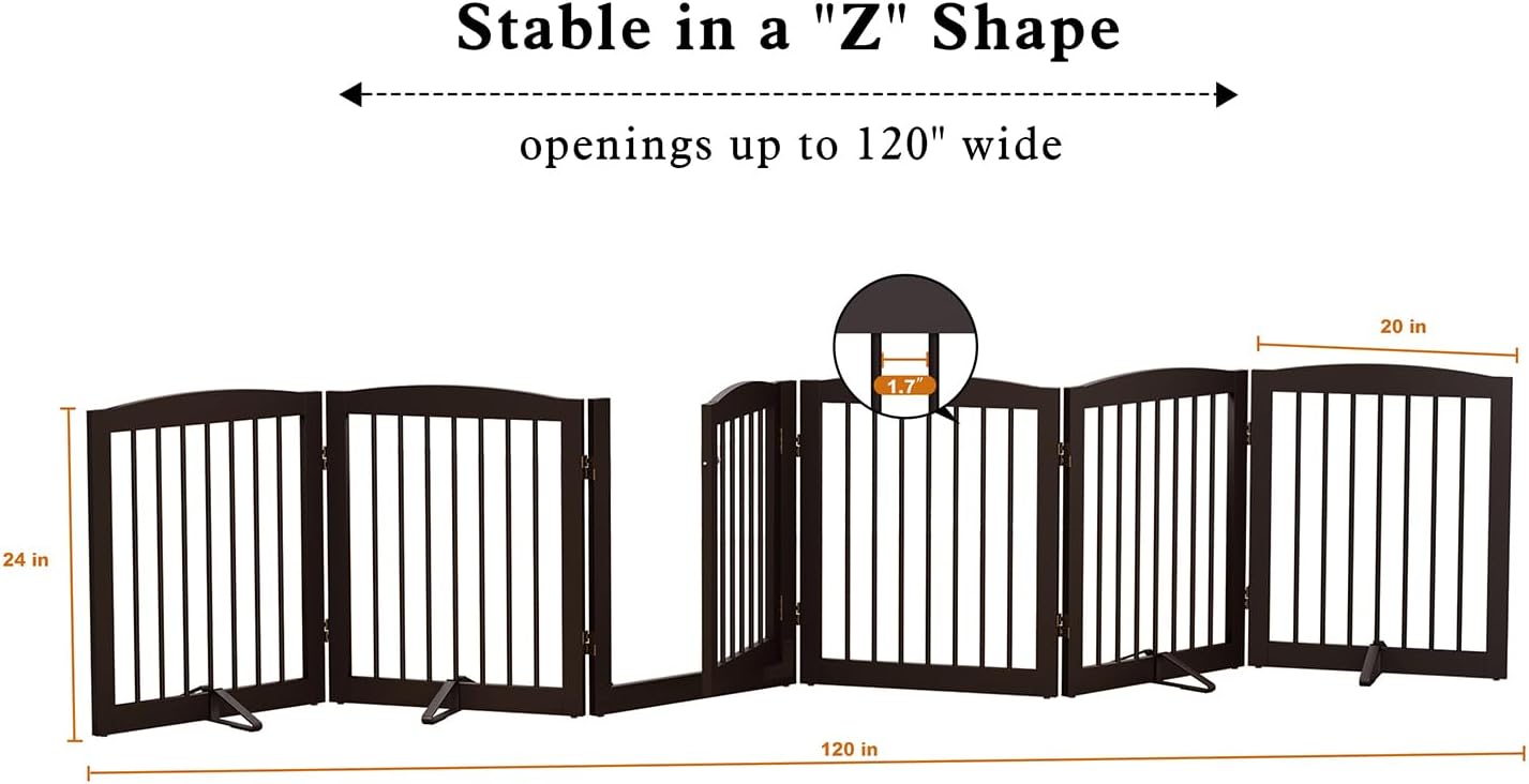 Freestanding Pet Gates with Walk Through Door, Dog Indoor Fence, Dog Gate for The House, Doorway, Stairs, Extra Wide Pet Gate, Support Feet Included, 120 Inch Wide, 6 Panels 24" Tall, Brown