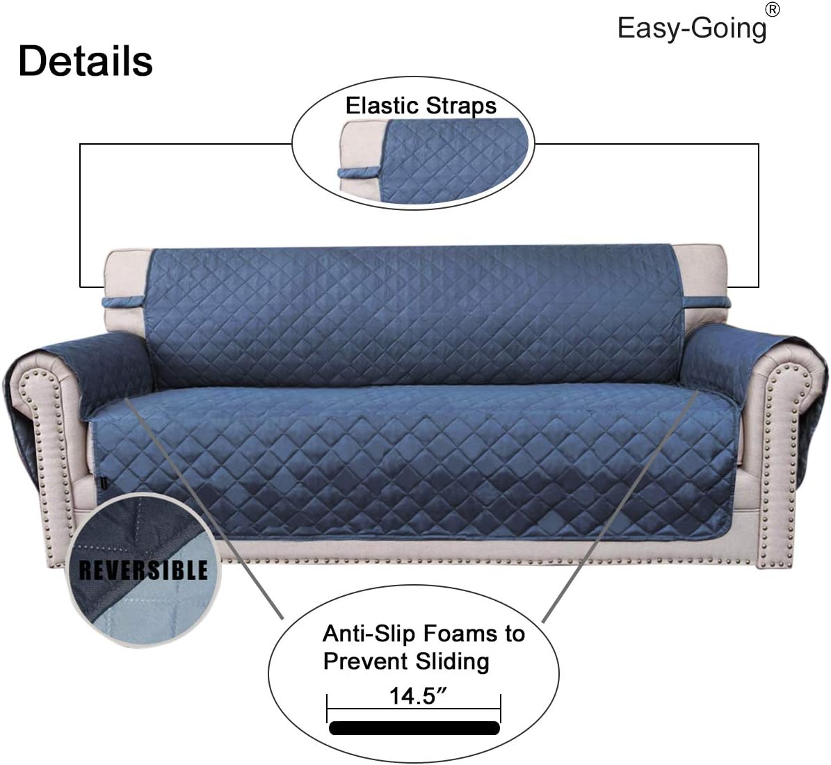 Easy-Going Reversible Loveseat Couch Cover for 2 Cushion Couch Sofa Cover for Dogs Water Resistant Furniture Protector with Foam Sticks Elastic Straps for Pet (Loveseat, Dark Blue/Light Blue)