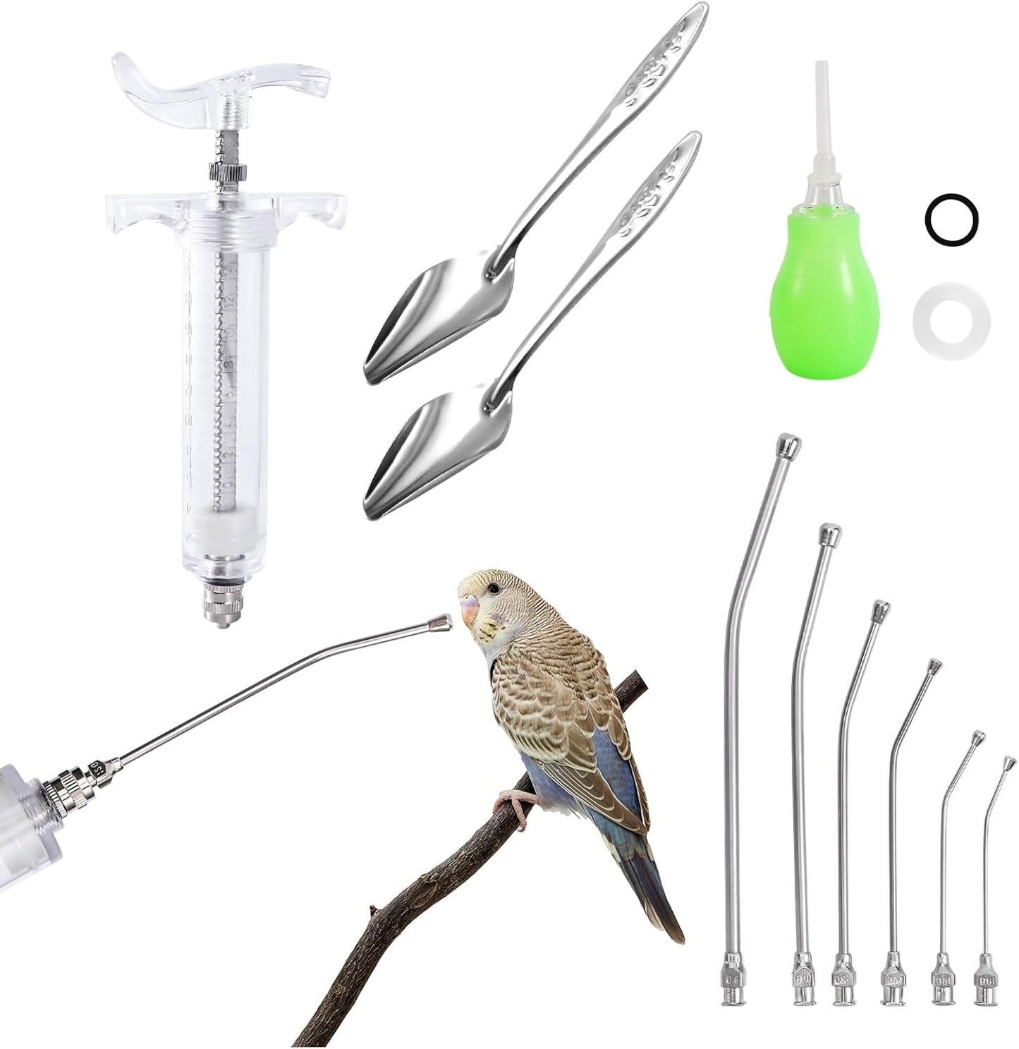 20ML Baby Bird Feeding Syringe Set Pet Syringe with 6 Pcs Curved Gavage Feeding Tubes and Bird Drinker Stainless Steel Metal Feeding Spoon for Baby Birds Parrot Small Pet