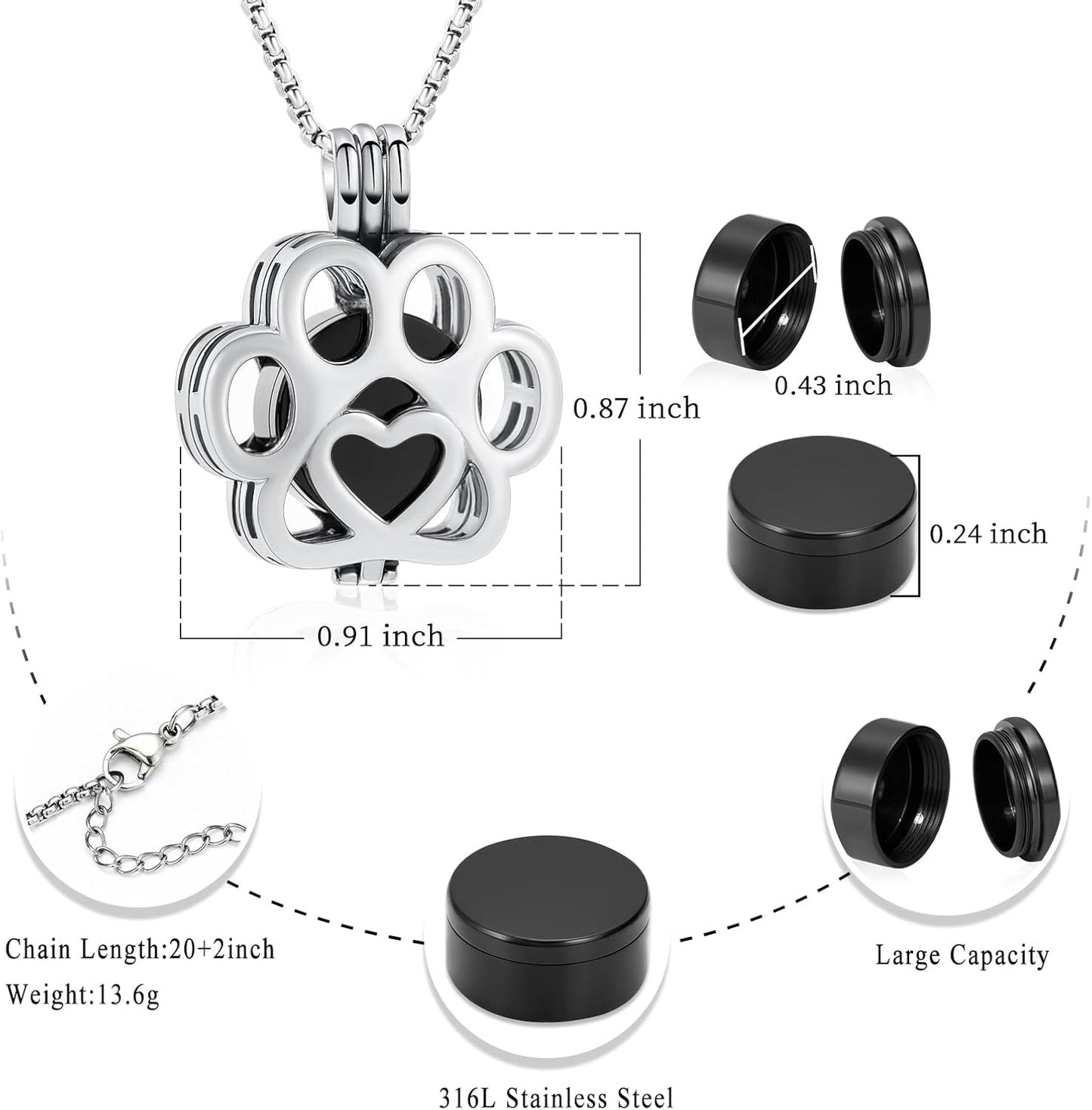 Oinsi Pet Cremation Jewelry For Ashes For Dog/Cat Paw Stainless Steel Memorial Locket Urn Necklace Inside Mini Case Keepsake Cremation Jewelry Women Men