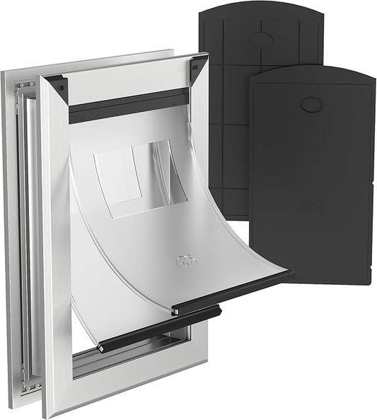 [Classicmacher] Heavy Duty Dog Door with Double Sliding Lock Panel, Aluminum Large Doggie Door for Exterior Door, Magnetic Double Flaps Do g Door for L arge and Medium Dog Up to 100Lbs (Large,Silver)