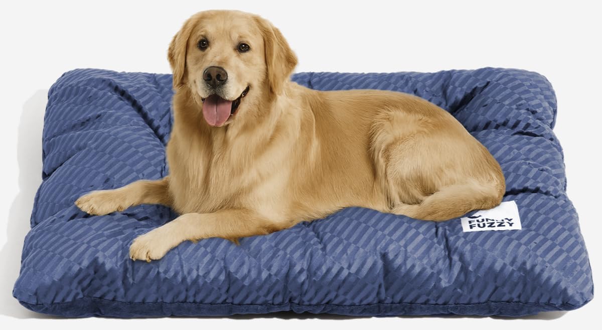 FUNNY FUZZY Washable Dog Bed,Reversible Plush Dog Crate Mat, Soft Fluffy Kennel Pad,Pet Sleeping Mattress for Jumbo,X-Large Sized Dogs Breeds,2XL,48"× 31",Midnight Blue