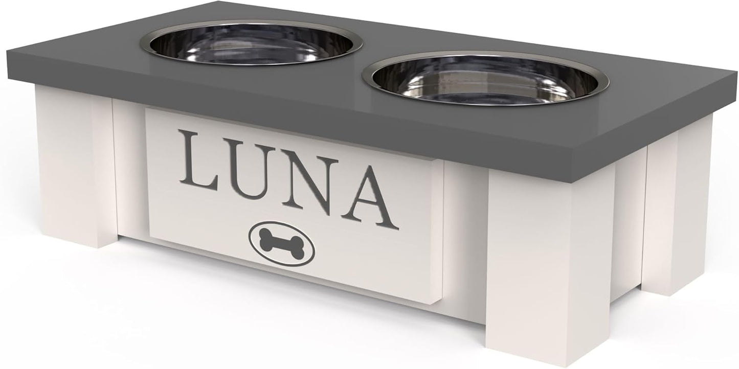 GrooveThis Woodshop - Personalized Elevated Dog Bowl Stand for Large, Medium, Small, X-Small Dogs - Stainless Steel Food and Water Bowls - Raised Dog Dish with Internal Storage (X-Small, Grey)