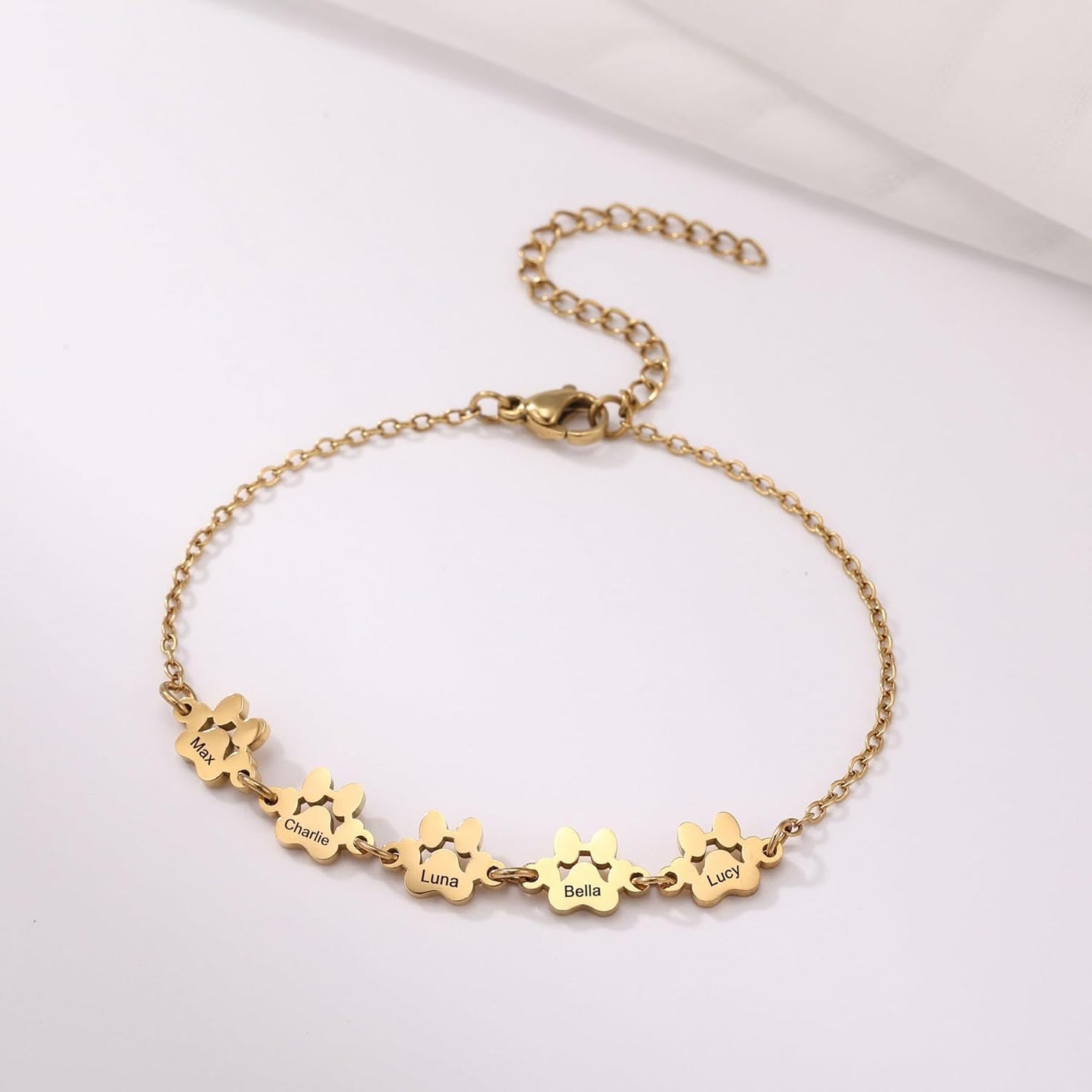 MeMeDIY Personalized Paw Print Bracelet for Women Engraved 1-5 Names Dog Cat Pet Paw Bracelet Adjustable Chain Dog Jewelry Memorial Gifts for Pet Lovers