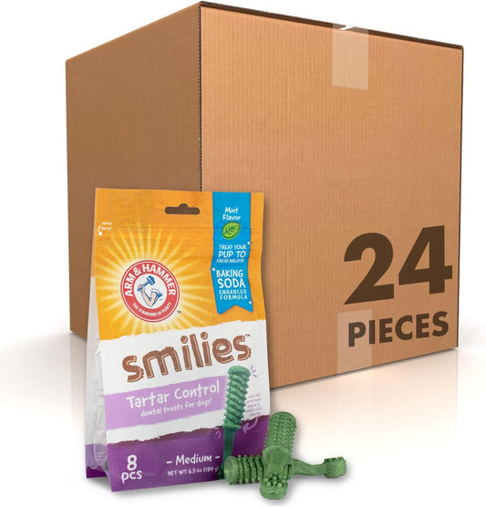 Arm & Hammer for Pets Smilies Dental Chews for Dogs | Dental Chews Fight Bad Dog Breath, Plaque & Tartar Without Brushing | Fresh Mint Flavor, 8 Pieces Dog Treats, 24 Pack