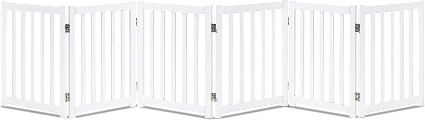 LZRS 6-Panel Extra-Wide Freestanding Wooden Dog Gate Indoor – 24”High Foldable Safety Pet Barrier for Doorways, Hallways, Kitchens, and Long Staircases, Durable Design fit Small to Medium Dogs, White