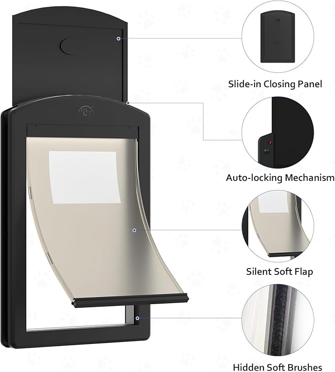 [Classicmacher] Dog Door for Large Dogs, Black Frame Door for L arge Dogs, Strong Plastic Doggy Door and L arge Pets with Sliding Lock Panel and Magnetic Soft Flap (Large, Mattle Black)