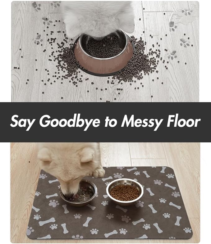 MontVoo Dog Food Mat-Pet Feeding Mat for Food and Water-No Stains Quick Dry Dispenser Cat Bowl Mat for Messy Drinkers(17"x34" Brown)