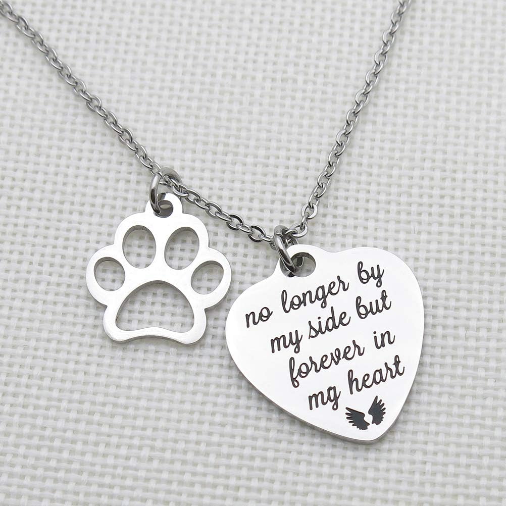 IDLAN Pet Memorial Gift No Longer by My Side But Forever in My Heart Stainless Steel Paw Prints Necklace Pet Sympathy Gift