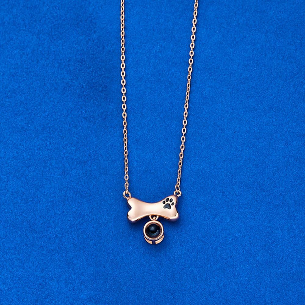 Personalized Photo Necklace Custom Photo Projection Necklaces Dog Bone with Paw Print Pendant Necklace with Picture Inside Pet Dog Cat Memorial Necklace for Pet Lover Women Men
