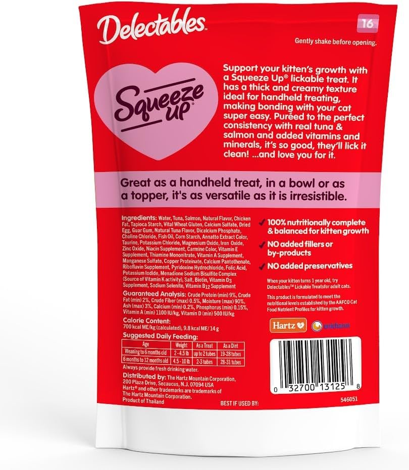 Delectables Squeeze Up Kitten Creamy Squeezable Puree, Lickable Wet Cat Treats, Grain Free, No Added Fillers, No By-Products, No Added Preservatives, 0.5 Ounces Tube Tuna & Salmon, 32 Tubes Total
