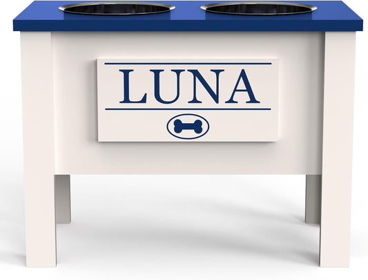GrooveThis Woodshop - Personalized Elevated Dog Bowl Stand for Large, Medium, Small, X-Small Dogs - Stainless Steel Food and Water Bowls - Raised Dog Dish (X-Large, Blue)
