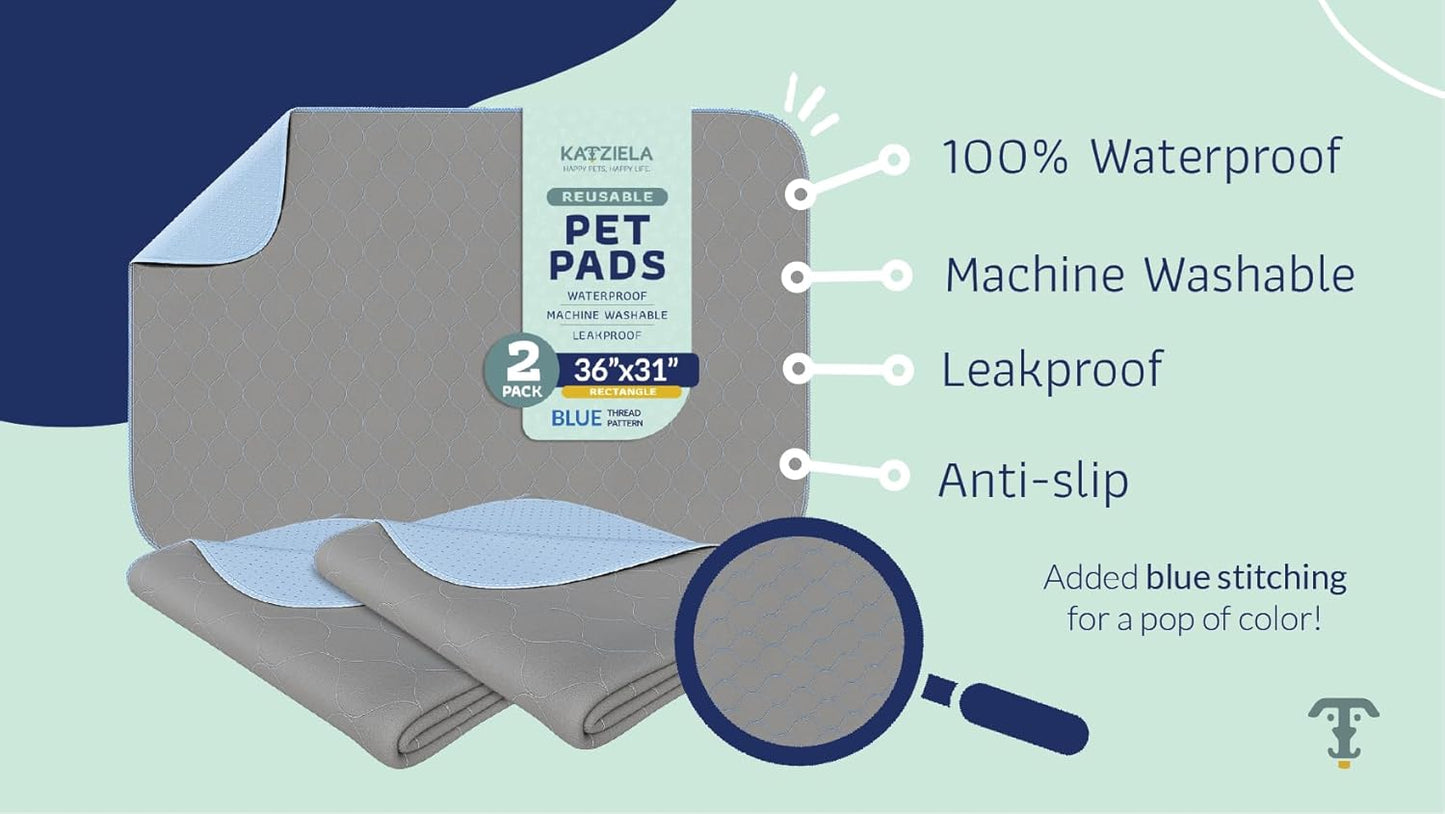 Katziela Washable Pet Pads (2 Pack 36in x 31in) Super Absorbent Waterproof Reusable Dog Pee Pads for Dogs Washable Puppy Pads for Potty Training Housebreaking Washable Pee Pads for Dogs Blue Stitching