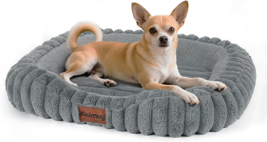 Cute Dog Bed for Small Dogs -Soft Durable Calming Puppy Bed with Removable Washable Zipper Cover & Anti-Slip Bottom, Rectangle Anti-Anxiety Puppy Cat Bed with Handle, 25x21x4inches, Grey