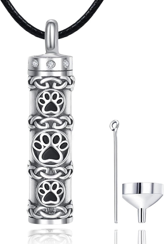 Dreamboat Pet Crematian Urn Necklace for Dog Cat Ashes 925 Sterling Silver Paw Print Keepsake Pendant Jewelry Gifts for Women Men