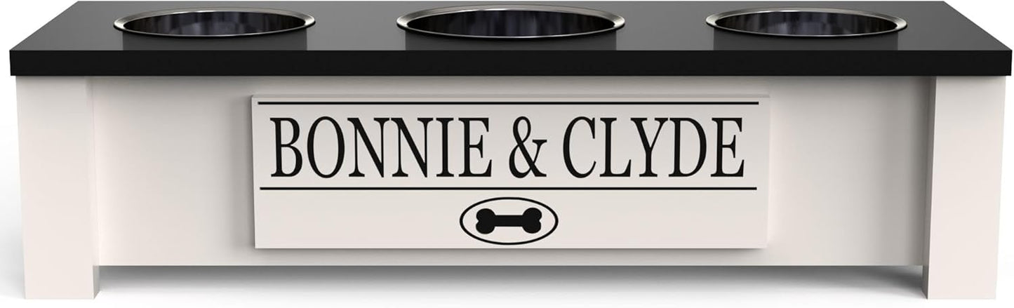 GrooveThis Woodshop - Personalized Elevated Triple Dog Bowl Stand for Large, Medium, Small, X-Small Dogs - 3 Stainless Steel Food and Water Bowls - Raised Dog Dish with Internal Storage (Small, Black)