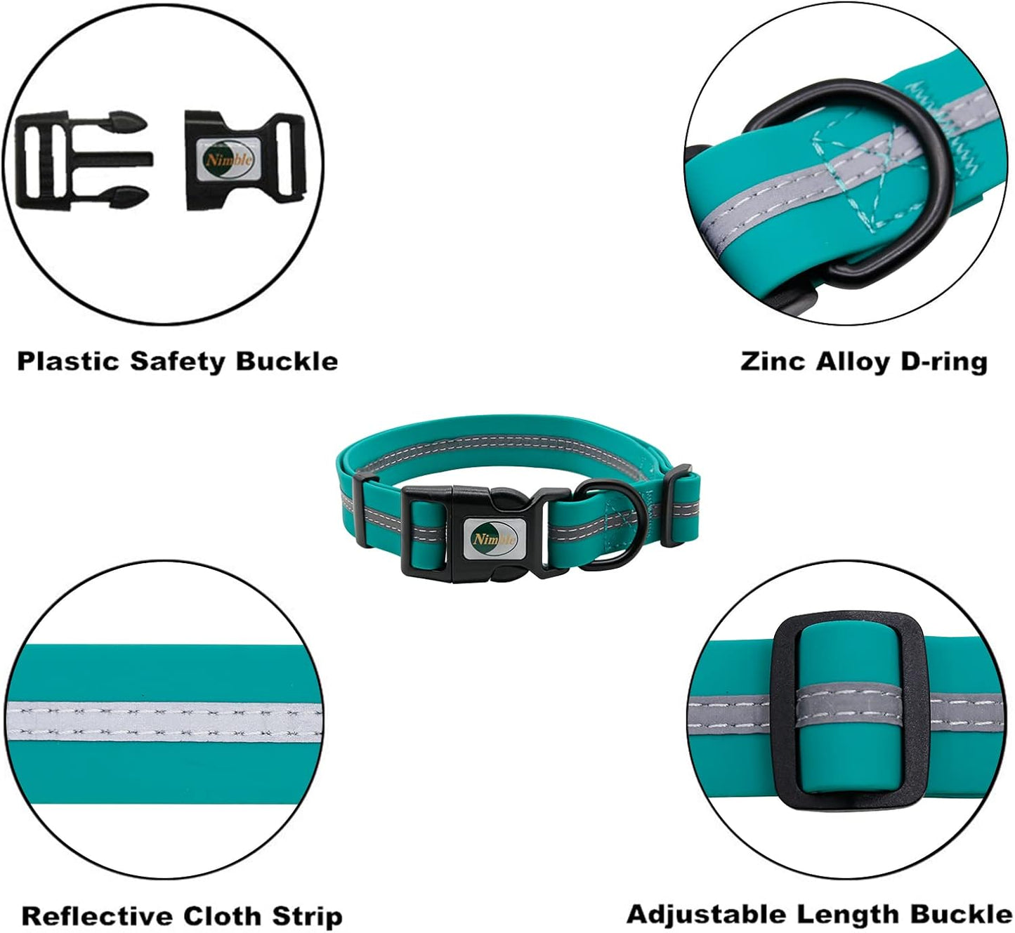 NIMBLE Dog Collar Waterproof Pet Collars Anti-Odor Durable Adjustable PVC & Polyester Soft with Reflective Cloth Stripe Basic Dog Collars S/M/L Sizes (Medium (11.81”-18.5”inches), Emerald Green)