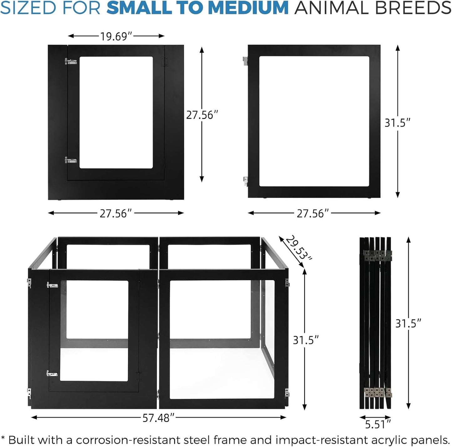 Heavy Duty Clear Acrylic Dog Playpen, Transparent Pet Pen, Metal Frame Easy Assemble Kennel Enclosure, Ideal for Small to Medium Dogs, Cats, and Other Small Pets (Black, 2 Panels)