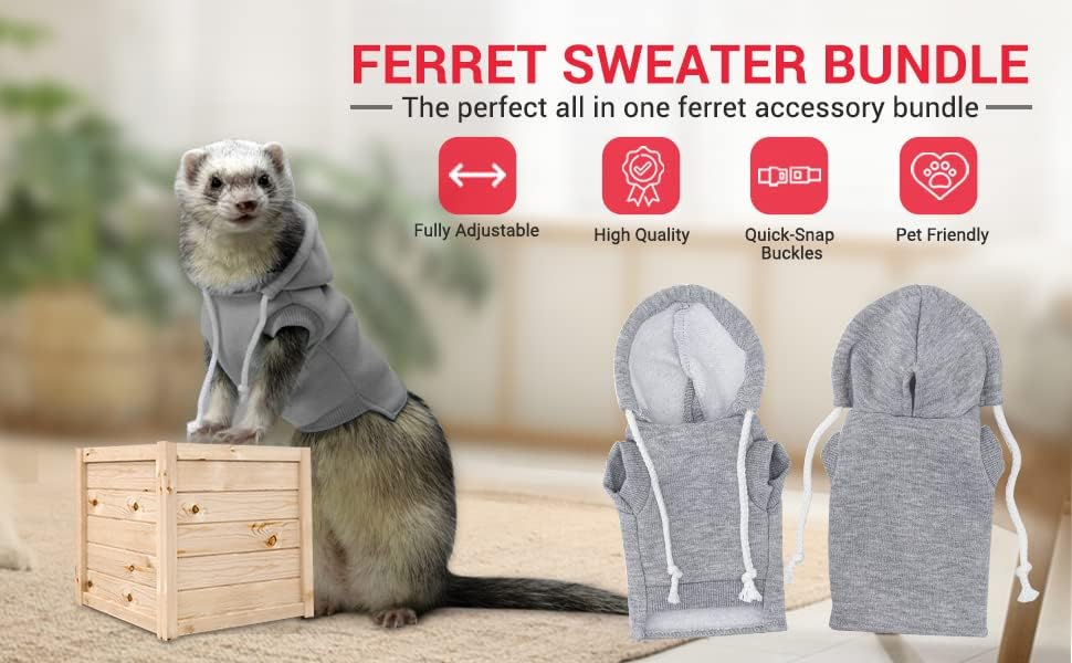 Gray Ferret Sweater, Harness, and Leash Set - Clothes for Small Pets - Ferret Stuff and Accessories - Hoodies for Ferrets - Small Pet Accessories