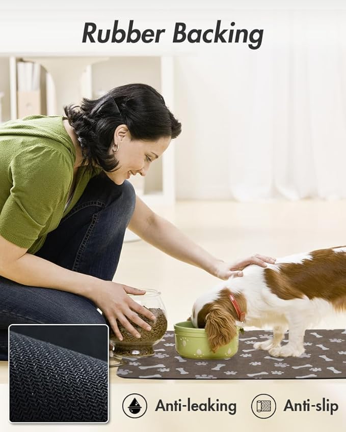 MontVoo Dog Food Mat-Pet Feeding Mat for Food and Water-No Stains Quick Dry Dispenser Cat Bowl Mat for Messy Drinkers(17"x34" Brown)