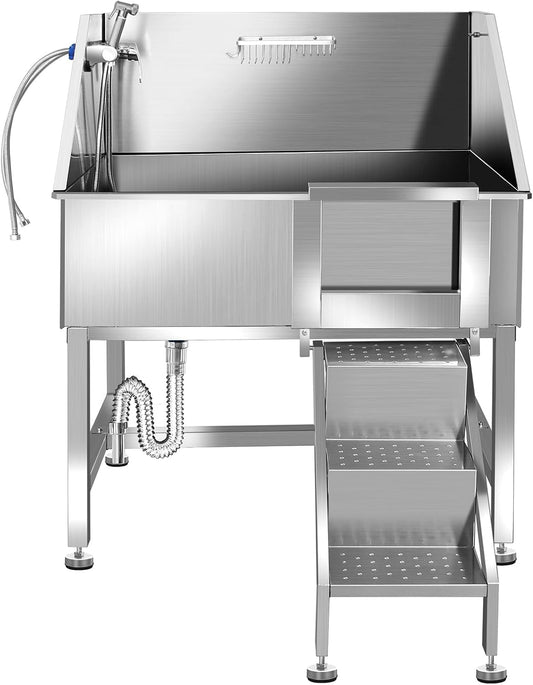 38" Pet Dog Bathing Station w/Ramp, Professional Stainless Steel Dog Grooming Tub w/Storage Drawer, Floor Grate, Faucet, Dog Bathtub for Large,Medium,Small Pets, Washing Sink for Home
