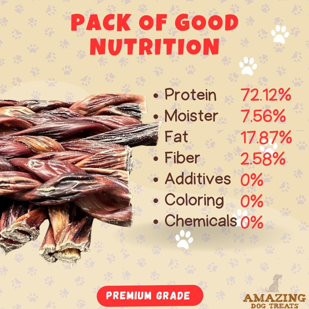 Amazing Dog Treats - 6 Inch Braided Gullet Stick (8 Pc/Pack) - Dog Jerky Treats - Beef Esophagus -Gullet for Dogs - Beef Esophagus Dog Treats