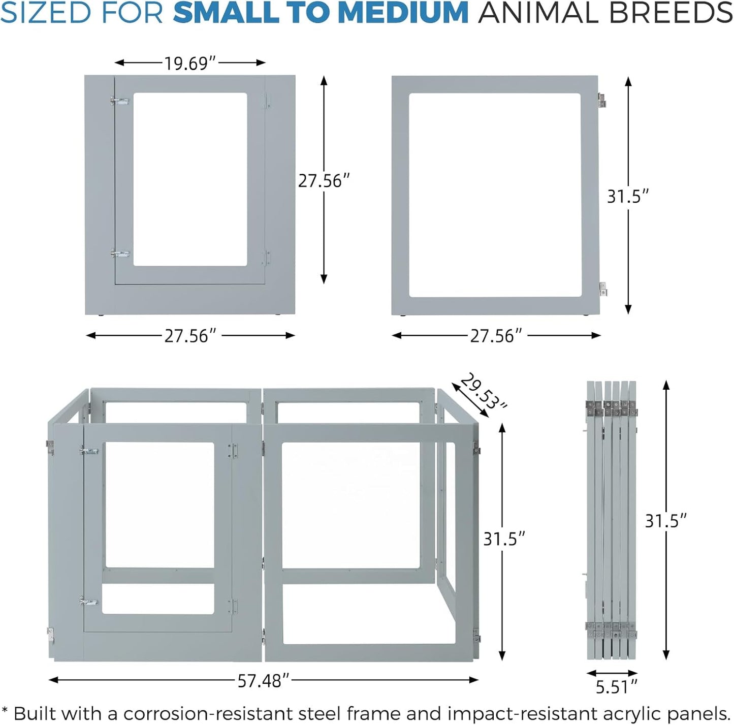 Heavy Duty Clear Acrylic Dog Playpen, Transparent Pet Pen, Metal Frame Easy Assemble Kennel Enclosure, Ideal for Small to Medium Dogs, Cats, and Other Small Pets (Grey, 2 Panels)