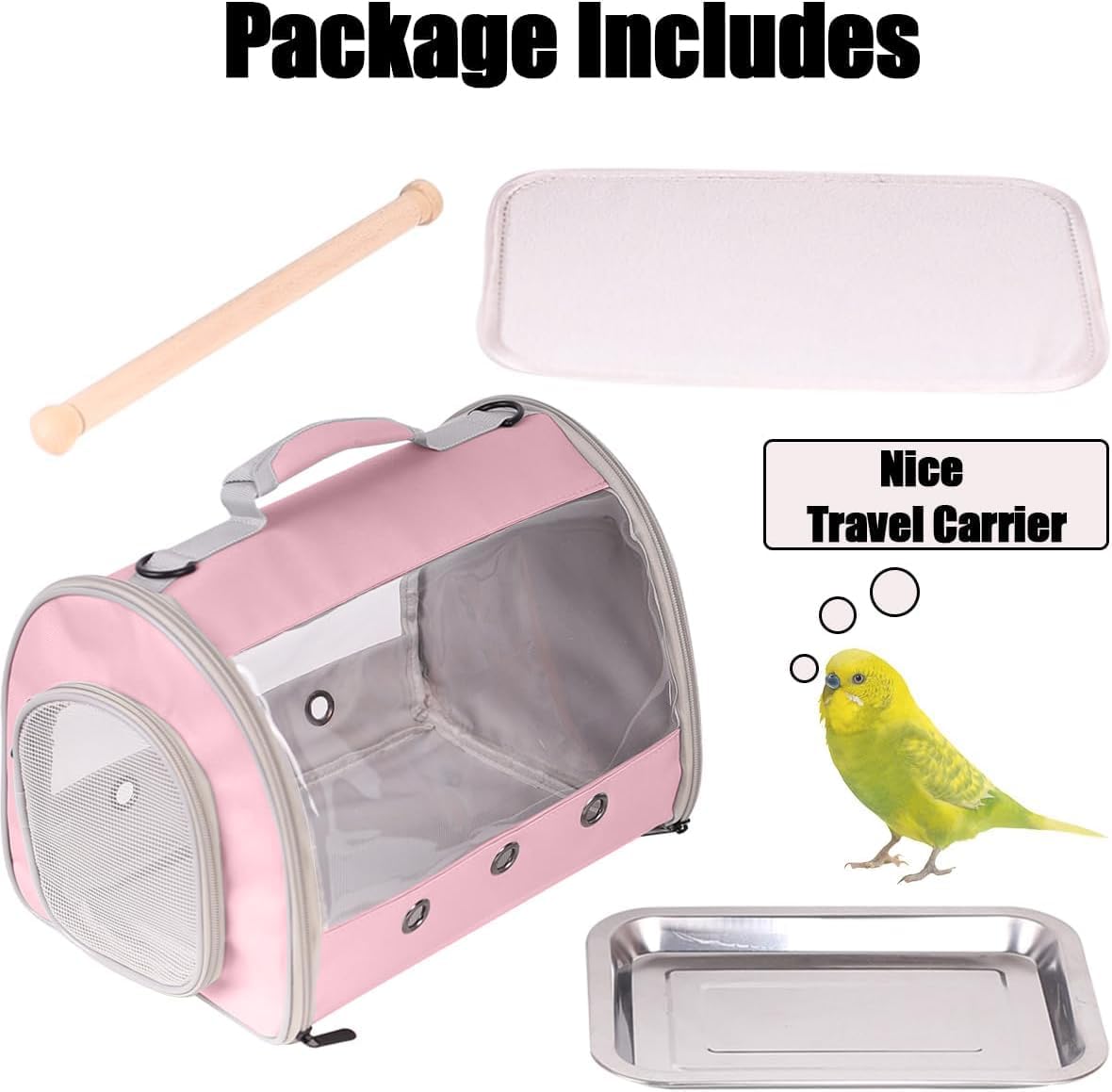 Long Tail Bird Travel Carrier Cage with Tray and Stand Perch, Portable Lightweight Clear Windows Carry Bag for Parakeet Budgies Cockatiel Transport to Vet (Pink, Cylinder Design - Clear)