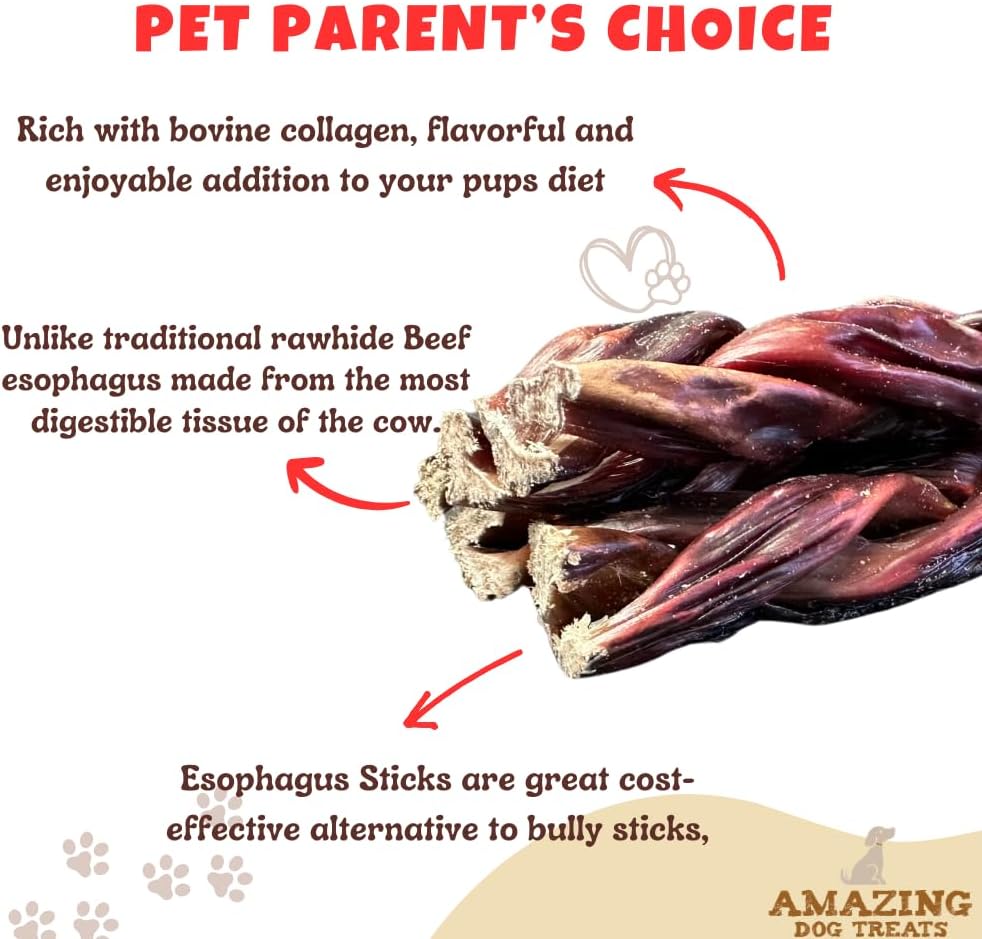 Amazing Dog Treats - 6 Inch Braided Gullet Stick (4 Pc/Pack) - Dog Jerky Treats - Beef Esophagus -Gullet for Dogs - Beef Esophagus Dog Treats