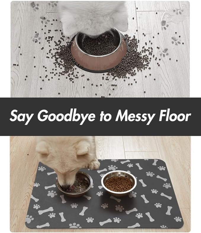 MontVoo Dog Food Mat-Pet Feeding Mat for Food and Water-No Stains Quick Dry Dispenser Cat Bowl Mat for Messy Drinkers(12"x19" Dark Grey)
