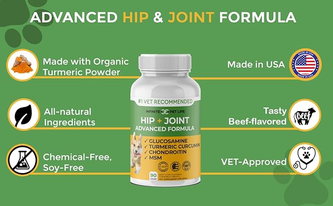 Advanced Hip and Joint Supplement for Dogs All Breeds - Glucosamine for Dogs Mobility & Pain Relief - All Natural Chondroitin, MSM & Turmeric Dog Joint Supplement - 90 Chewable Tablets