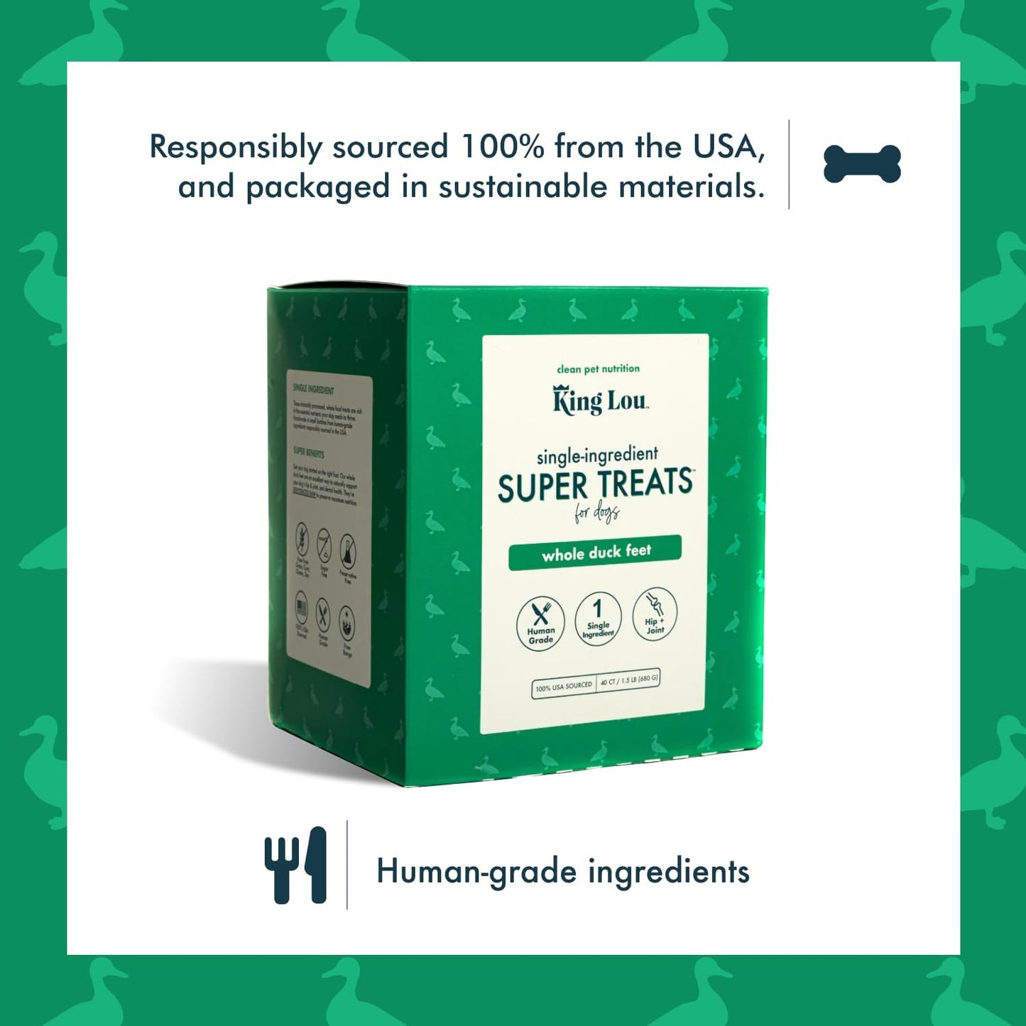 King Lou Pets - Whole Duck Feet for Dogs - Single Ingredient Treat - Dehydrated Dog Treats - USA-Made Dog and Cat Treats - Collagen, Glucosamine, Chondroitin for Hip and Joint Health - 40 Count