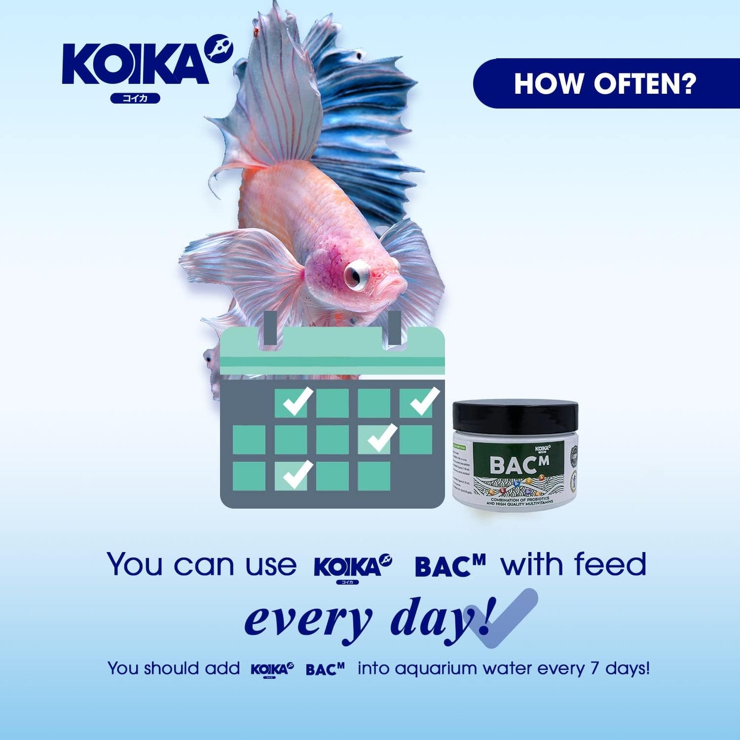 KOIKA BACM Natural Color Enhancement for Fish, Combination of Probiotic & Multi-Vitamins for Aquarium A, B6, B2, Pleasant Smell(BACM (Powder), 2.82 oz)