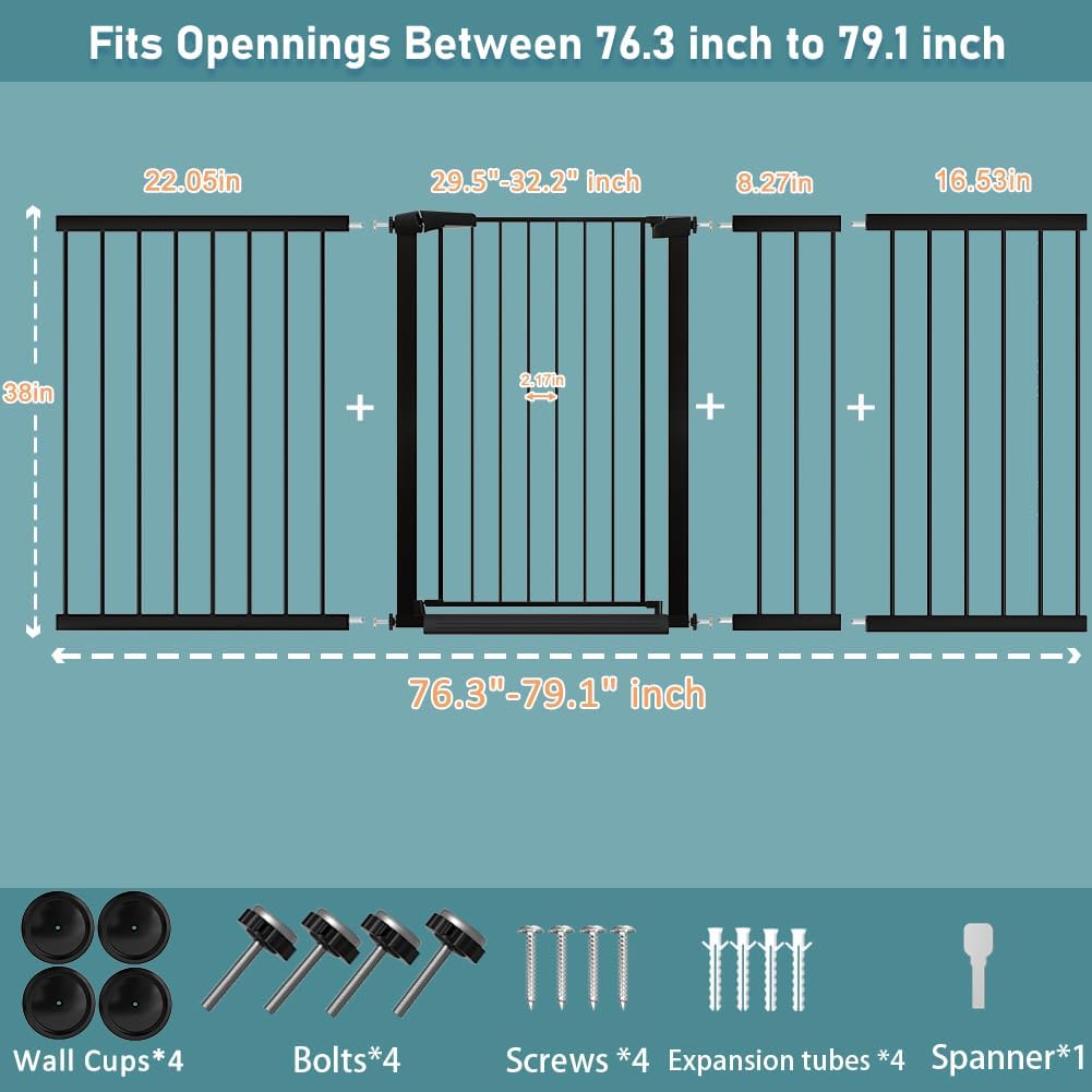 38.5" Extra Tall Dog Gate 76.38"-79.13" Wide - Long Large Pressure Mounted Baby Gates with Door for The House Stairs Doorways - Walk Through Toddler Puppy Pet Safety Fence Gate Black