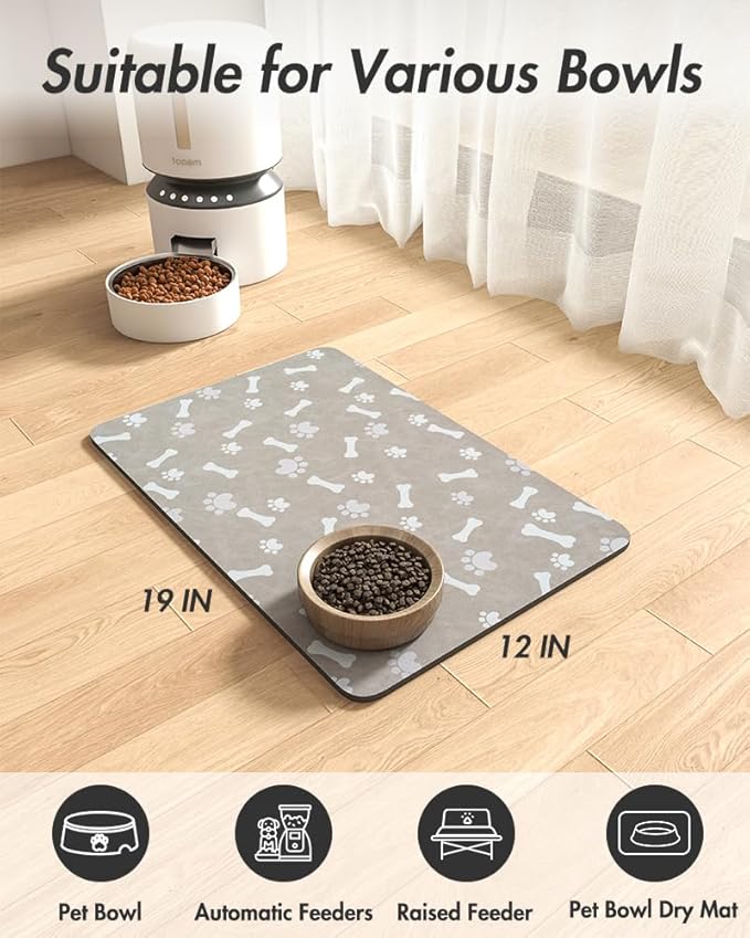 MontVoo Dog Food Mat-Pet Feeding Mat for Food and Water-No Stains Quick Dry Dispenser Cat Bowl Mat for Messy Drinkers(12"X19" Grey)