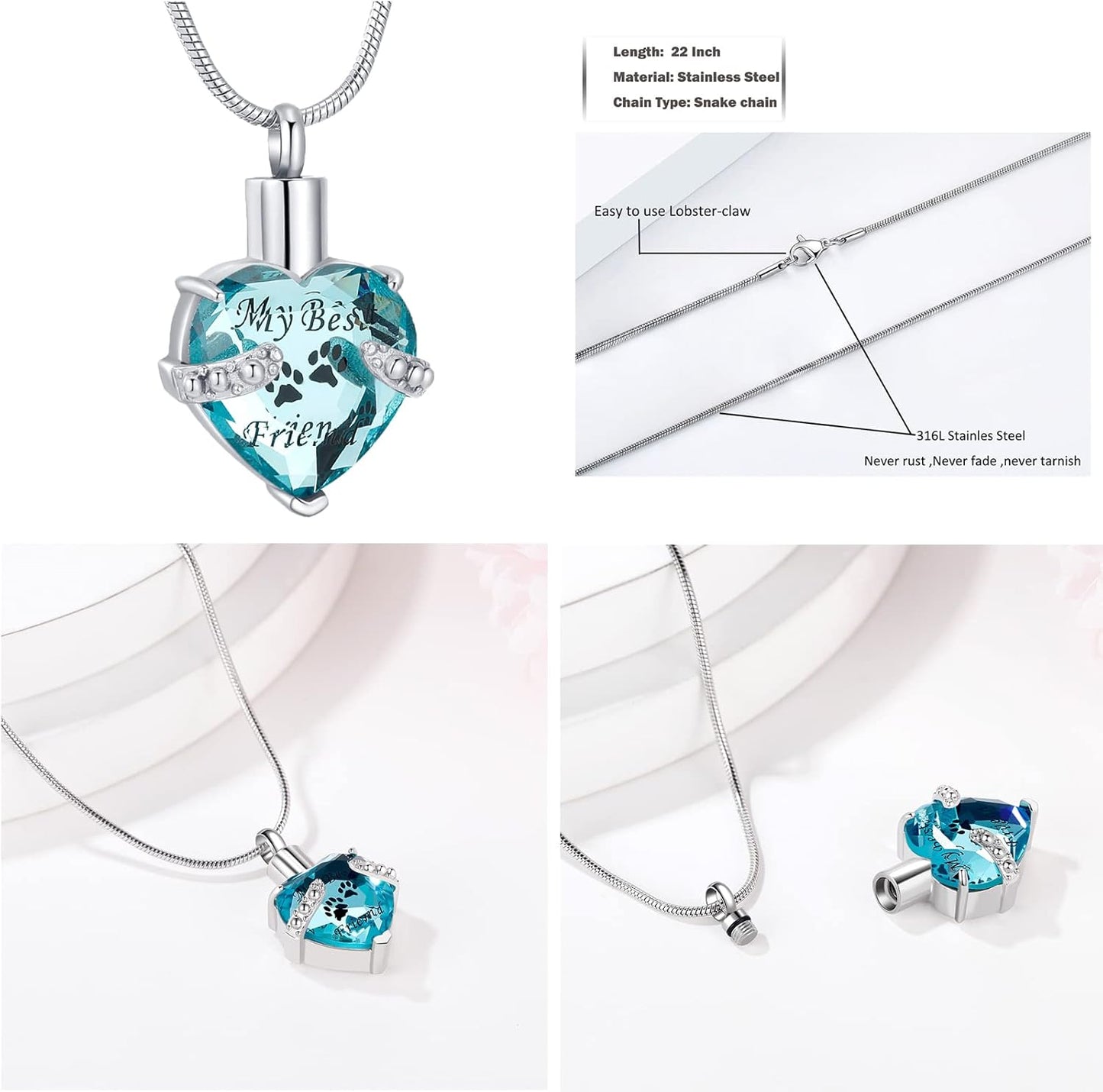 Cremation Jewelry for Ashes for Dog Cat Waterproof Pet Memorial Urn Pendant Necklace for Ashes