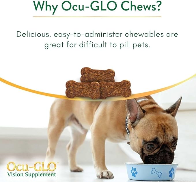 Ocu-GLO Cat & Dog for Eye Support - Chewable Vision Supplement for Large and Small Pets Care with Lutein, Omega-3 Fatty Acids, Grape Seed Extract & Antioxidants 30 XL Chewables